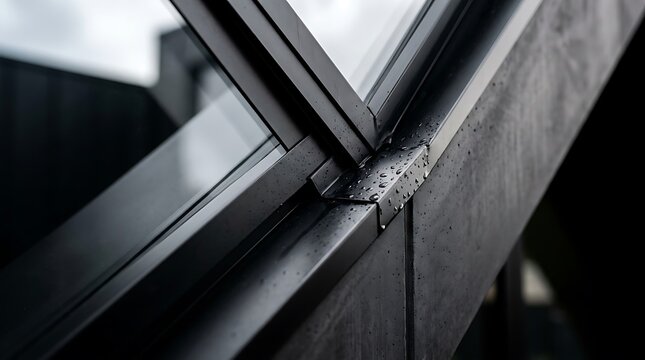 Close up of raindrops on a modern black window frame