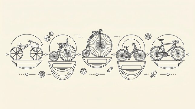 Evolution of bicycle designs shown in a linear line art style