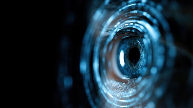 A close-up macro shot of a blue human eye reflecting abstract digital patterns and light. The iris is detailed, with concentric circles creating a mesmerizing effect against a dark background.