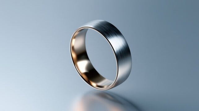 A simple metal ring with a brushed texture and a golden interior, presented against a smooth, reflective grey surface