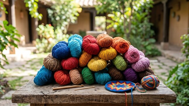 Colorful wool yarn skeins on a rustic wooden table outdoors