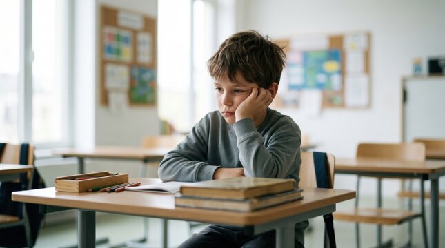 Bored schoolboy sitting alone at classroom desk with books and pencils. Sad boy. Education, concentration and child mental health concept. Emotional student experience in learning environment.