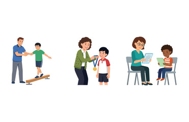 Obraz premium Set of vector illustrations showing a teacher helping children with sports, awards, and reading