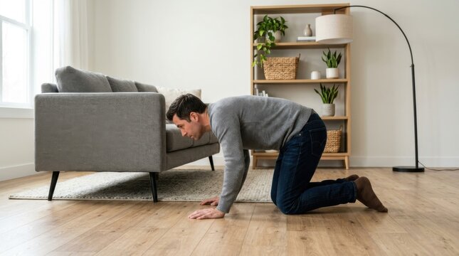 Man in casual clothes searching for lost item under modern gray sofa at home