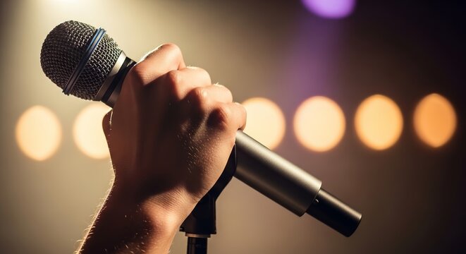 Dynamic live music event with hand gripping microphone on stand. Live music atmosphere includes warm stage lights and bokeh. Professional live music concept for festival poster or club promotion.