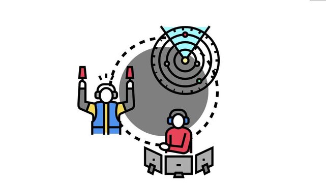 Airport personnel using radar technology, computers and signal wands, ensuring aircraft control, flight safety, and efficient ground operations