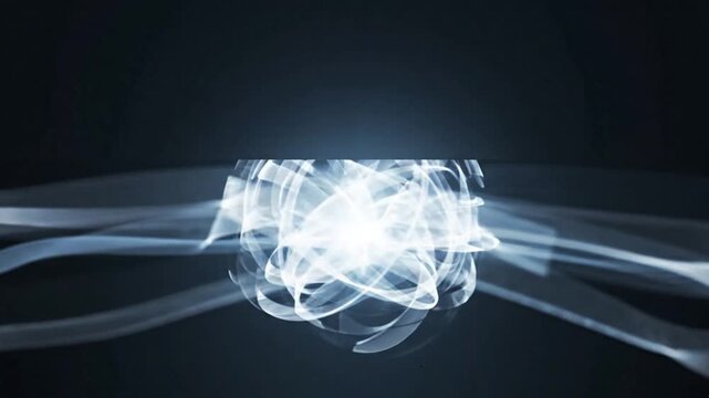 Glowing light ribbons swirl into a radiant sphere forming a complex abstract energy animation for modern high tech motion clips