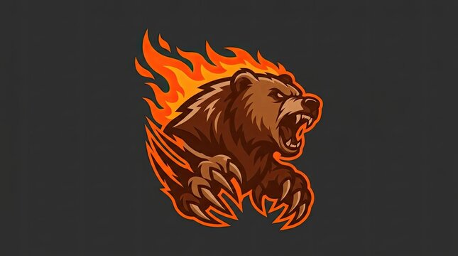 Growling grizzly bear head surrounded by orange flames