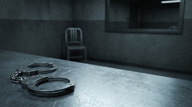 3D Steel Police Handcuffs on Metal Table Blurred Interrogation Room
