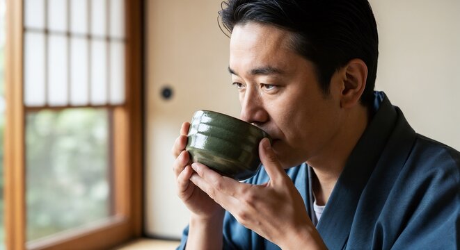 Focused man in kimono during Japanese tea ceremony drinking hot matcha from ceramic bowl. Japanese tea ceremony features traditional clothing and zen atmosphere. Use Japanese tea ceremony for ads.