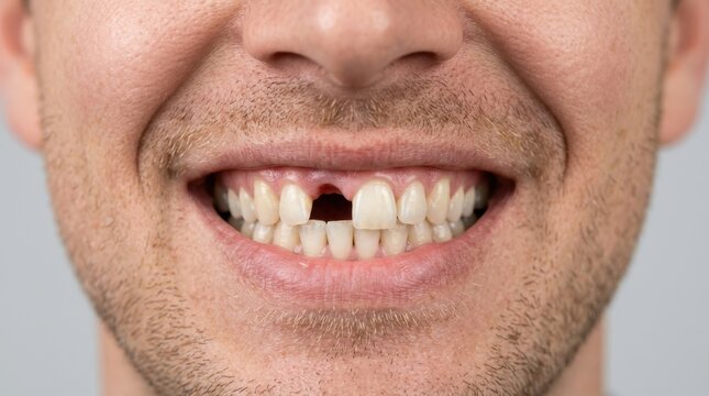 Middle-aged man grinning widely with missing front tooth showcasing genuine joy and authenticity