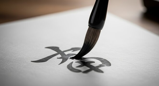 Japanese brush calligraphy close up of ink tip touching white paper to create artistic kanji strokes. Japanese brush calligraphy features sumi ink.