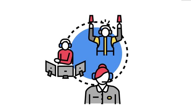 Airline staff involving a ground marshaller, air traffic controller, and pilot or crew member collaborating for efficient flight management and aviation service