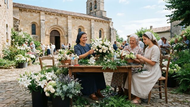 Women arranging flowers for church decoration in a sunny historic village courtyard