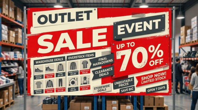 Outlet sale event banner in retail warehouse, clearance discount sign with 70 percent off, storewide inventory liquidation promotion