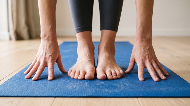 Closeup of a person doing yoga, standing on a blue mat, bending forward with hands touching the mat, focus on feet and hands
