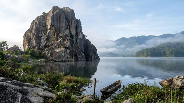 Serene mountain lake with a massive cliff and small canoe