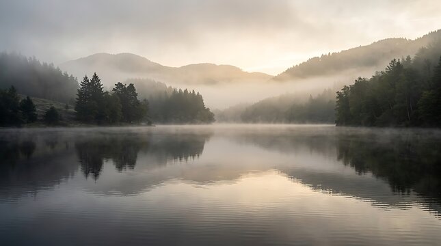 Misty lake surrounded by pine forest at dawn with golden light