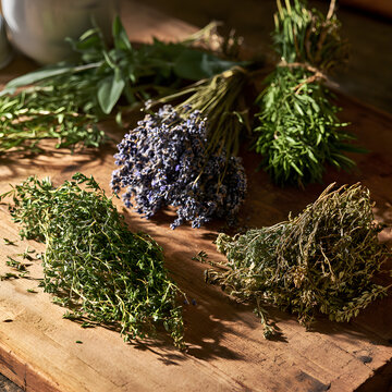 Fresh Bundled Herbes de Provence on Rustic Wooden Table with Dried Herbs and Natural Lighting