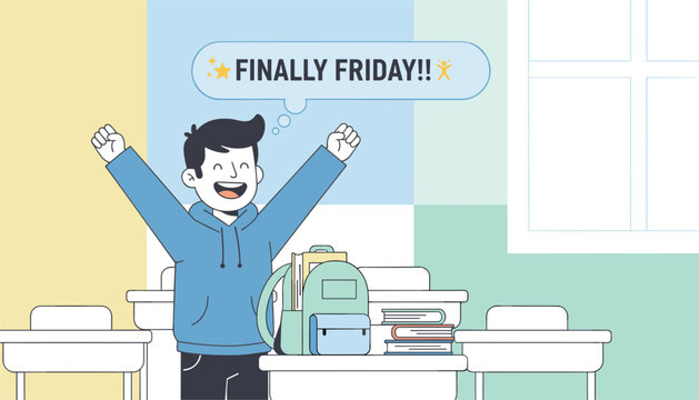 Cheerful young student celebrating the weekend with a speech bubble saying finally Friday in a classroom setting.