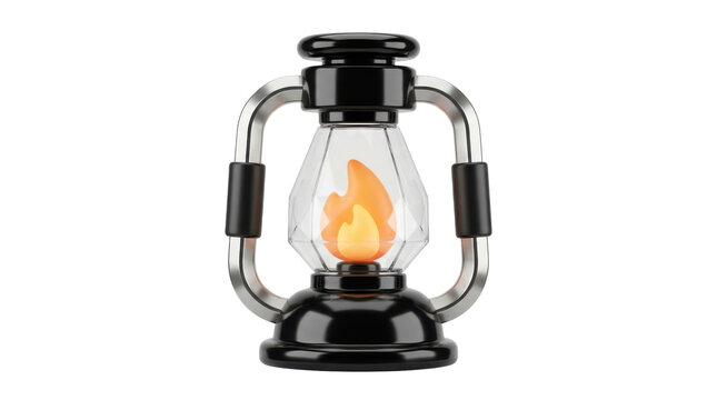 Vintage oil lantern with a flickering flame, classic lighting object for camping, outdoor adventures, and atmospheric decorations, dark and metallic finish with clear glass.