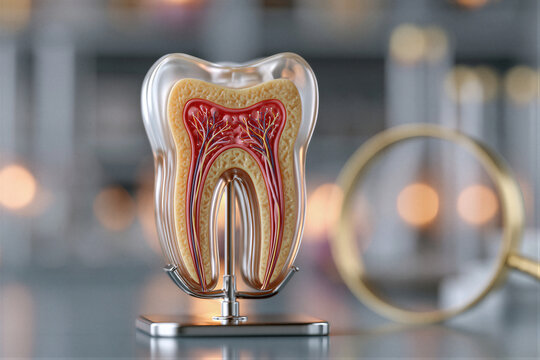 Dental cross-section model with magnifying glass, highlighting enamel, dentin, and pulp. Cinematic lighting and soft bokeh lab offers right copy space for dental education and healthcare marketing.