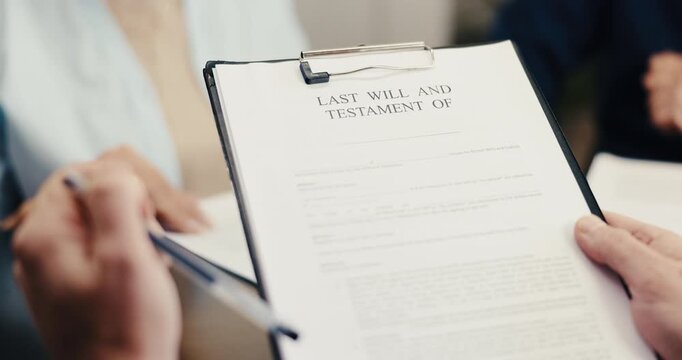 Hands, lawyer and couple at house with document, application and beneficiary for last will. Attorney, reading and people in home with legal contract, testament notary and succession for inheritance