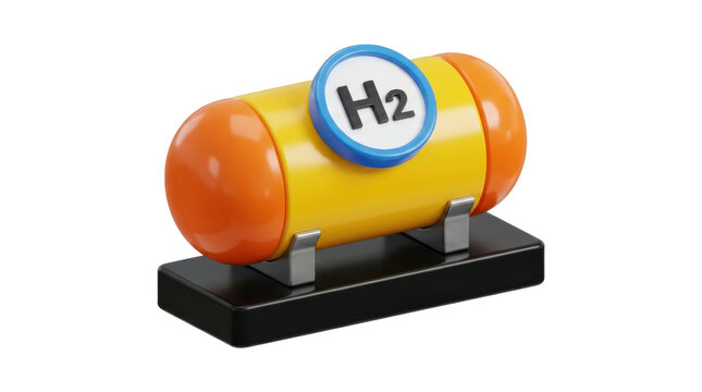 Industrial hydrogen fuel tank 3d icon featuring yellow cylinder and orange ends for sustainable energy and alternative fuel storage designs.