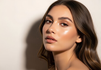 Fototapeta premium Portrait of a beautiful young woman with glowing skin and makeup