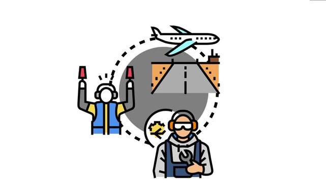 Airport ground staff performing aircraft maintenance and directing operations on the runway, symbolizing aviation service, technical work, and safety management