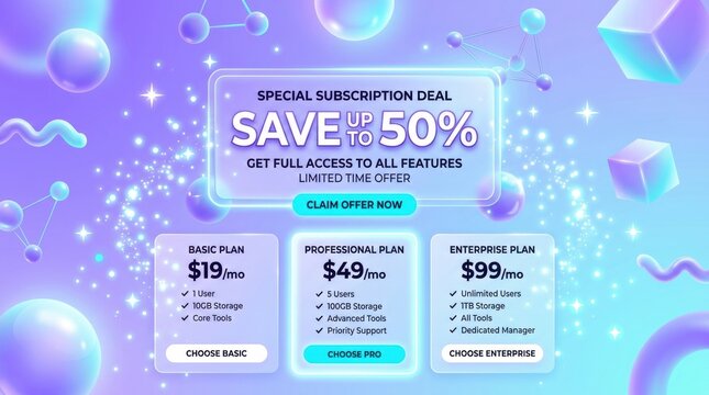 Futuristic pricing table banner with 50 percent discount. Neon subscription plan interface. Digital marketing web template.