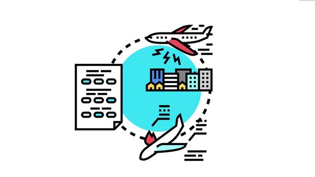 Airplane safety checklist depicting air transport regulations, preflight checks, and emergency procedures for secure aviation and crash prevention around buildings