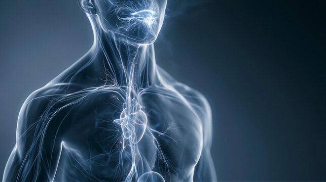 Translucent human figure with glowing blue oral cavity, luminous neural pathways linking mouth to heart and brain, 3D medical render on soft blue gradient with right copy space for healthcare websites