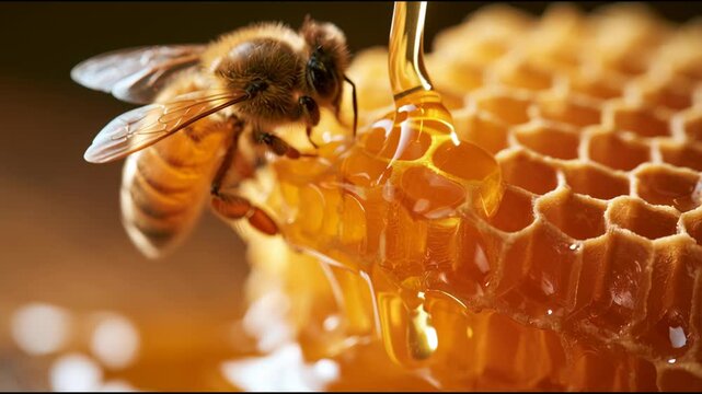 Honey flows in slow strands from honeycomb as bees gather nectar in a warm location surrounded by nature, showcasing their hard work.