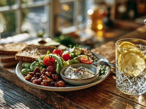 Top-down flat lay of fresh low-sugar salad with avocado, whole grains, yogurt, and lemon water on rustic wood. Bright airy lighting and minimalist styling for health campaigns.