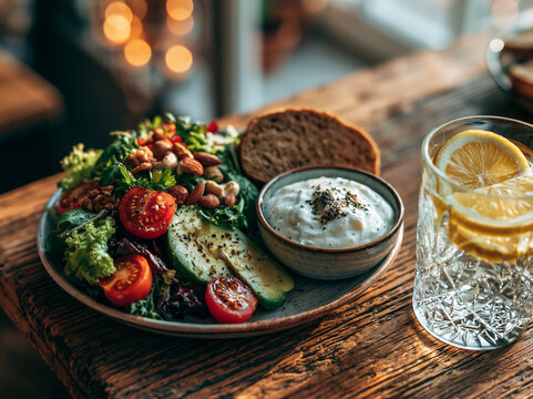 Top-down flat lay of fresh low-sugar salad with avocado, whole grains, yogurt, and lemon water on rustic wood. Bright airy lighting and minimalist styling for health campaigns.