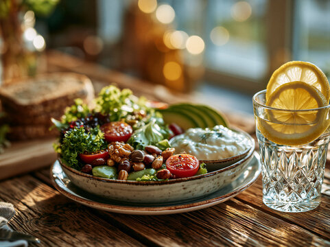 Top-down flat lay of fresh low-sugar salad with avocado, whole grains, yogurt, and lemon water on rustic wood. Bright airy lighting and minimalist styling for health campaigns.