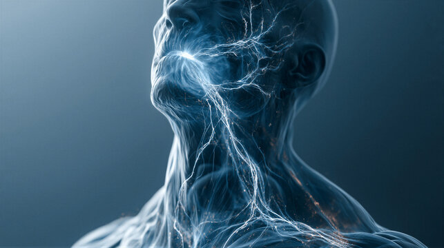 Translucent human figure with glowing blue oral cavity, luminous neural pathways linking mouth to heart and brain, 3D medical render on soft blue gradient with right copy space for healthcare websites