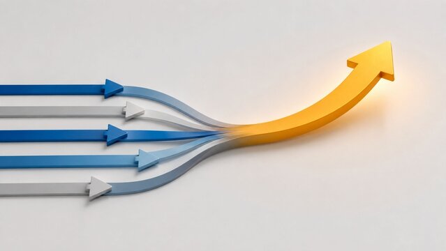 Business growth and synergy concept of multiple small arrows merging into a large yellow arrow up