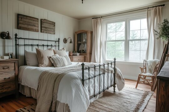 A farmhouse bedroom featuring distressed wood  antique accessories. Incorporate a large bed with a wrought iron frame, classic lighting fixtures, and rustic elements to evoke a welcoming, comfortable 