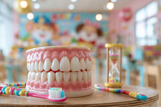 Translucent dental model with pink gums, colorful toothbrush, and sand timer on wood. Warm diffused lighting, blurred classroom backdrop, clean negative space. Ideal for pediatric oral health...