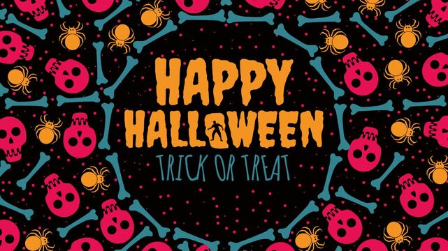 animated Spooky Halloween Frame Loop. Vibrant motion loop with Happy Halloween text surrounded by pink skulls, cyan bones, and spiders on black.