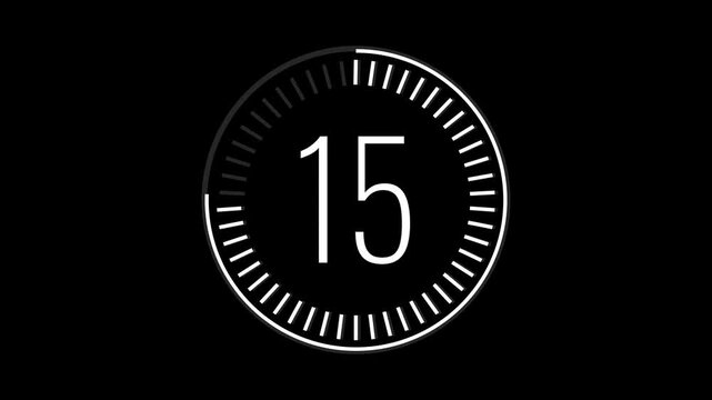 20 second circular countdown timer on black background with radial tick animation. Modern 20 second countdown timer with animated circular tick marks
