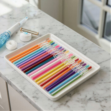 Flat lay of assorted interdental brushes, floss, and water flosser on marble. Soft natural light, cool tones, sharp bristle detail, right copy space for dental advertising and e-commerce.