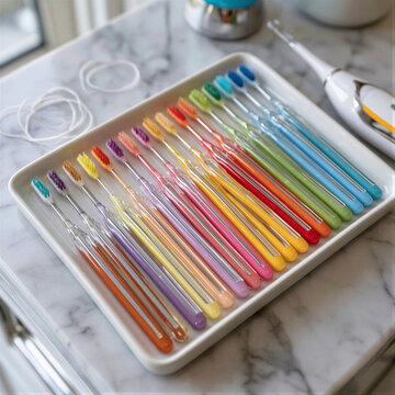 Flat lay of assorted interdental brushes, floss, and water flosser on marble. Soft natural light, cool tones, sharp bristle detail, right copy space for dental advertising and e-commerce.