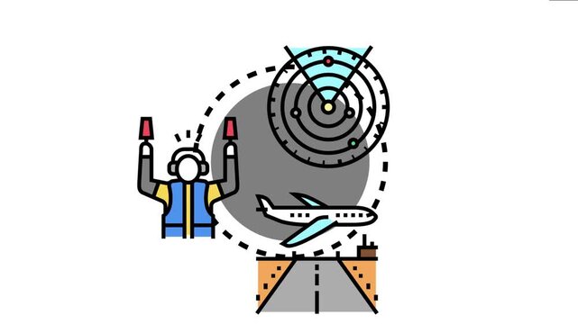 Air traffic controller directing airplane movement on an airport runway, with a radar scope monitoring airspace activity, conceptualizing aviation management and guidance systems
