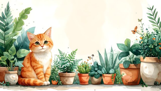 Watercolor Cat Surrounded by Potted Green Plants