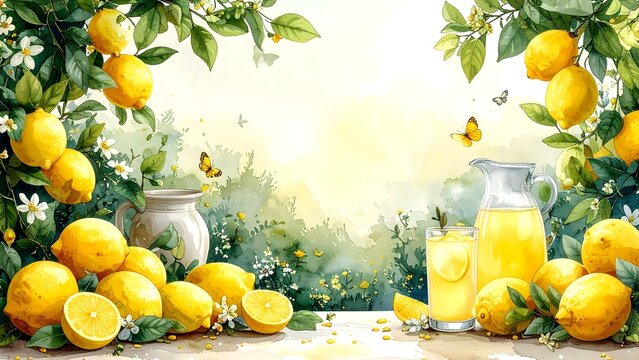 Watercolor Lemonade with Fresh Lemons and Flowers
