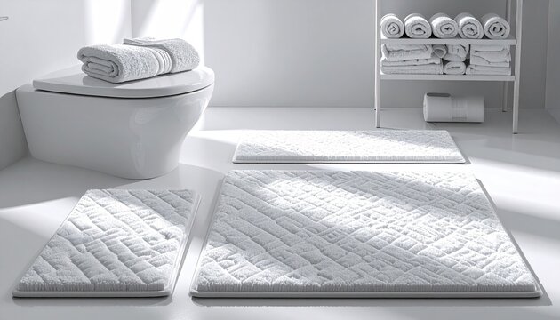 Close up of white quilted rugs in bathroom.