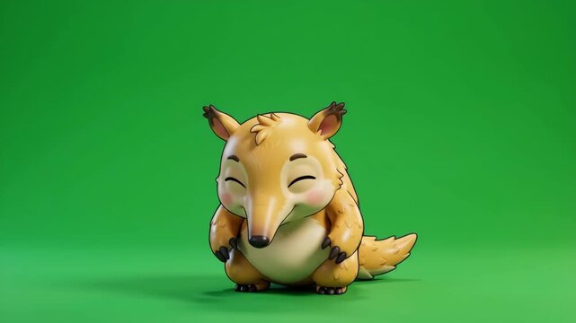 Adorable 3D Cartoon Pangolin Character Smiling Joyfully on Green Screen Chroma Key Background for Animation